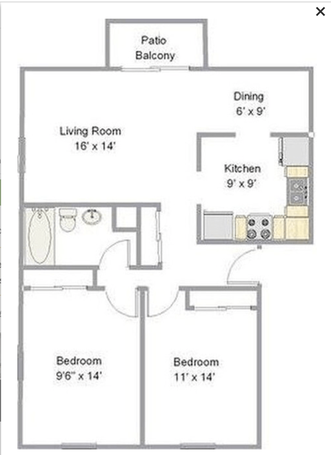 Floor plan for 2 beds, 1 bath, 870 sqft